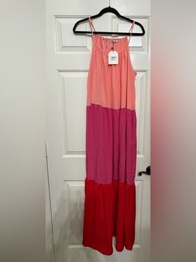 Colorblock Coral, Pink & Red Maxi Dress with Spaghetti Straps